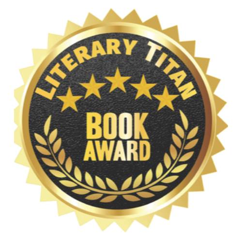 A gold and black seal with the words literary titan book award